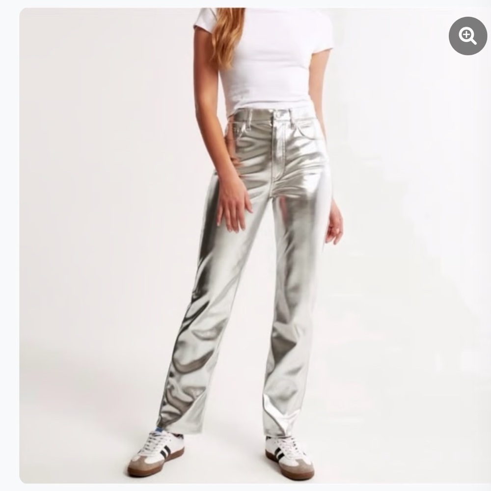 Abercrombie & Fitch 90s Straight Vegan Leather Pant-Silver